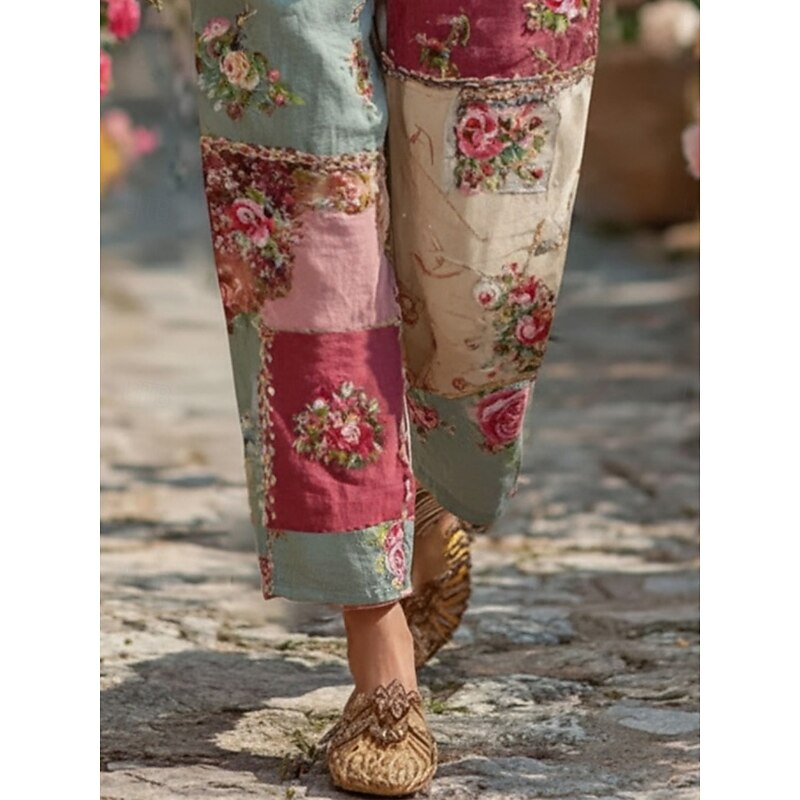 Women's Straight-Leg Pants Trousers Vacation Vintage Fashion Full Length Mid Waist Floral Drawstring Pocket Printing Comfy Breathability Outdoor Vacation Street Blue Spring Fall Loose Fit3