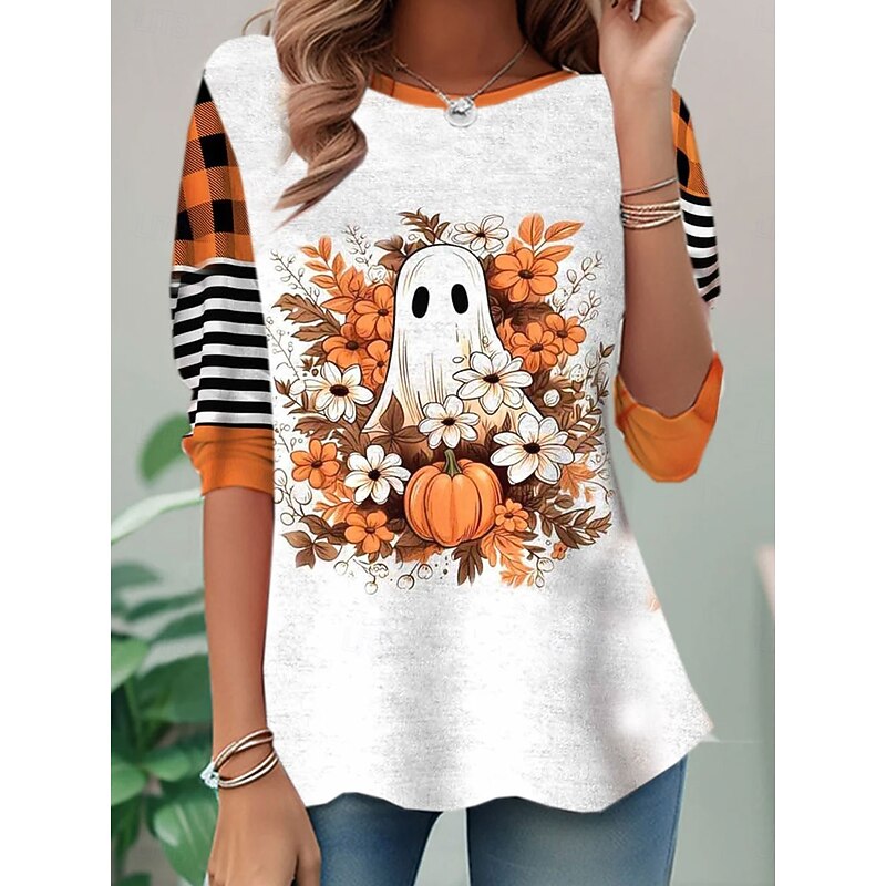 Halloween Women's T shirt Pumpkin Graphic Ghost Vintage Fashion Stylish Long Sleeve Crew Neck Regular Tops Daily Weekend Print White Yellow Orange Spring Fall2