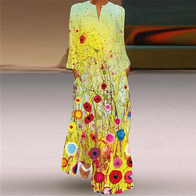 Women's Midi Dress Black Dress Casual Dress Elegant Fashion Modern Outdoor Daily Going out Regular Fit Floral Graphic Long Sleeve Crew Neck Black And White Pearl Black Yellow Spring Winter Autumn2