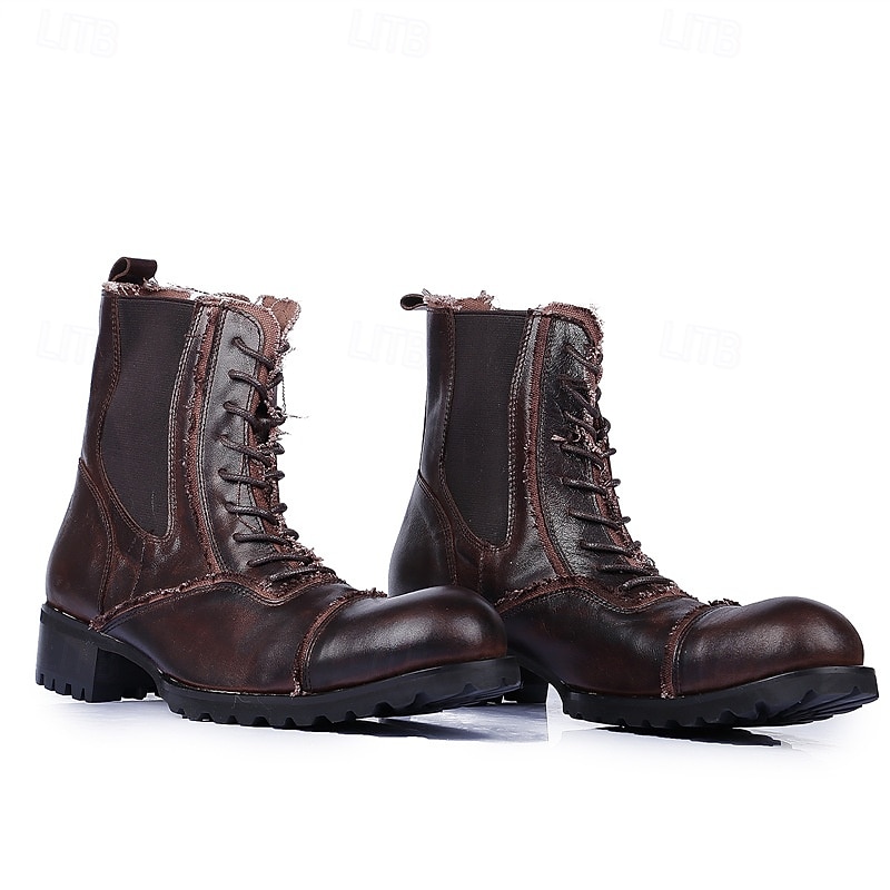 Men's Brown Leather Work Boots – Vintage Cowhide Lace-Up Ankle Shoes with Rugged Sole for Construction, Outdoor Adventure and Casual Daily Wear3