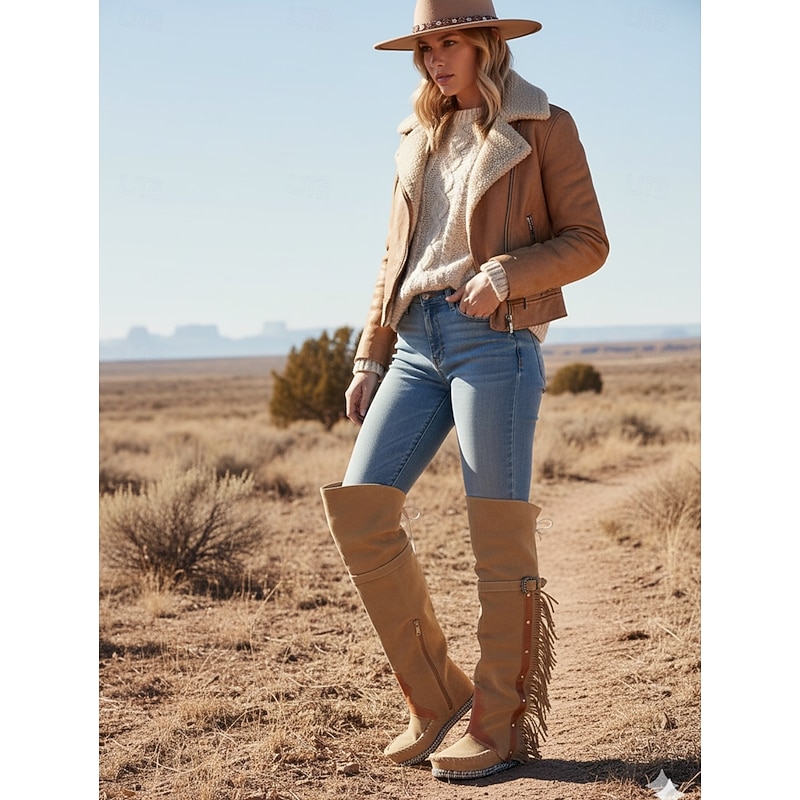 Women's Fringe Over The Knee Boots - Tan Suede Western Boho Style Boots for Autumn & Winter2