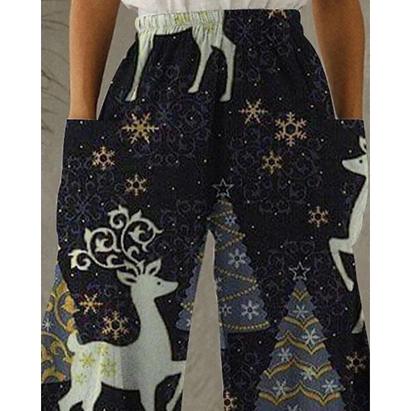 Women's Wide Leg Pants Trousers Vacation Ethnic Style Basic Full Length High WaistPantsChristmas Graphic Reindeer Pocket Elastic Waistband Print Comfy Breathability Inelastic Vacation Casual Daily2