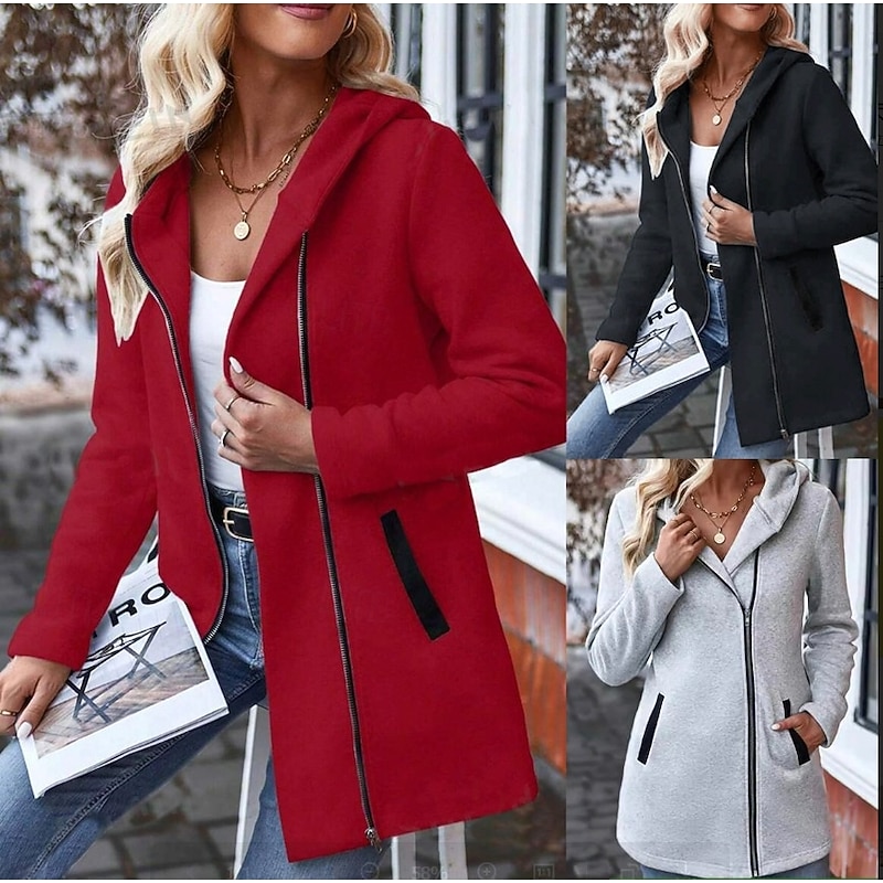 Women's Hoodie Jacket Comfortable Breathable Zipper Pocket Casual Plain Vacation Street Casual Daily Wear Zipper Regular Hooded Regular Fit Long Sleeve Outerwear Black Red Gray Spring Fall