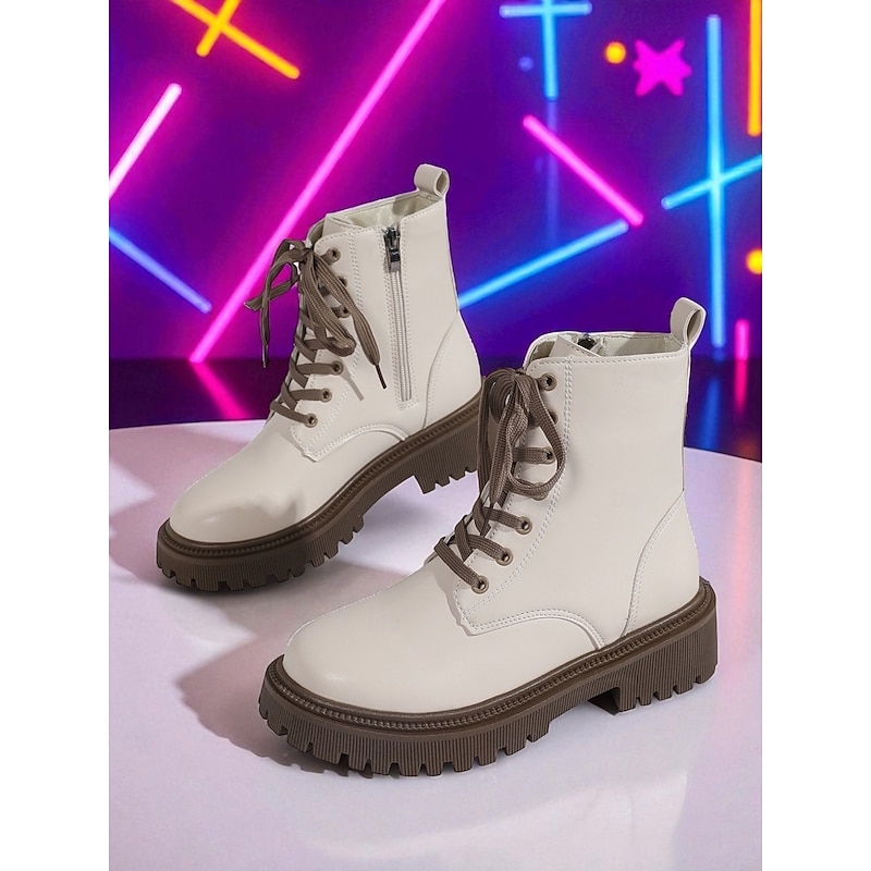 Korean Idol Inspired Pop Star Costume Shoes, Women's White Faux Leather Lace-Up Ankle Boots with Side Zipper and Chunky Sole – Stylish Combat Boots for Kpop, Streetwear and Casual Outfits2