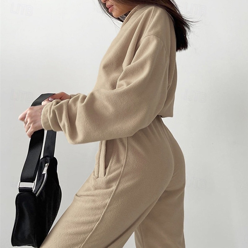 Women's Fashion Streetwear Pants Sets Bolero Top Sweatshirt Long Sleeve Stand Collar Solid Color Zipper Outdoor Work Casual Khaki Spring Regular Fit2
