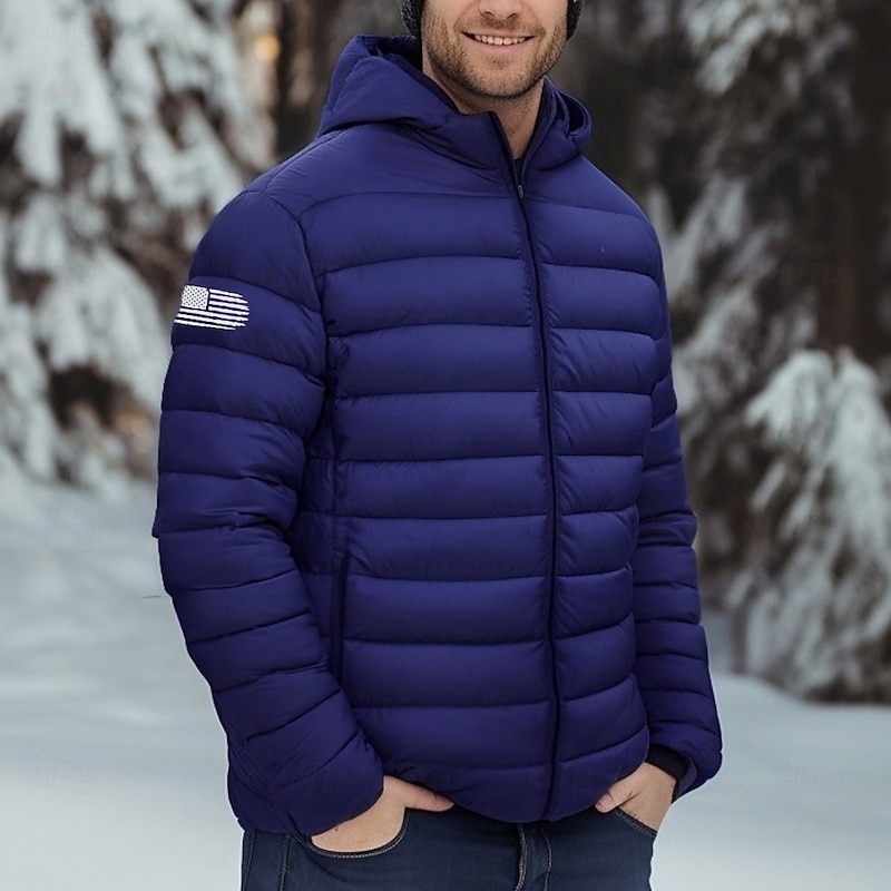 Men's American US Flag Winter Coat Down Jacket Puffer Jacket Thermal Warm Rain Waterproof Lightweight Casual Outdoor Daily Padded Quilted Hooded Jacket Fall Winter Hooded Long Sleeve Black Red Royal4
