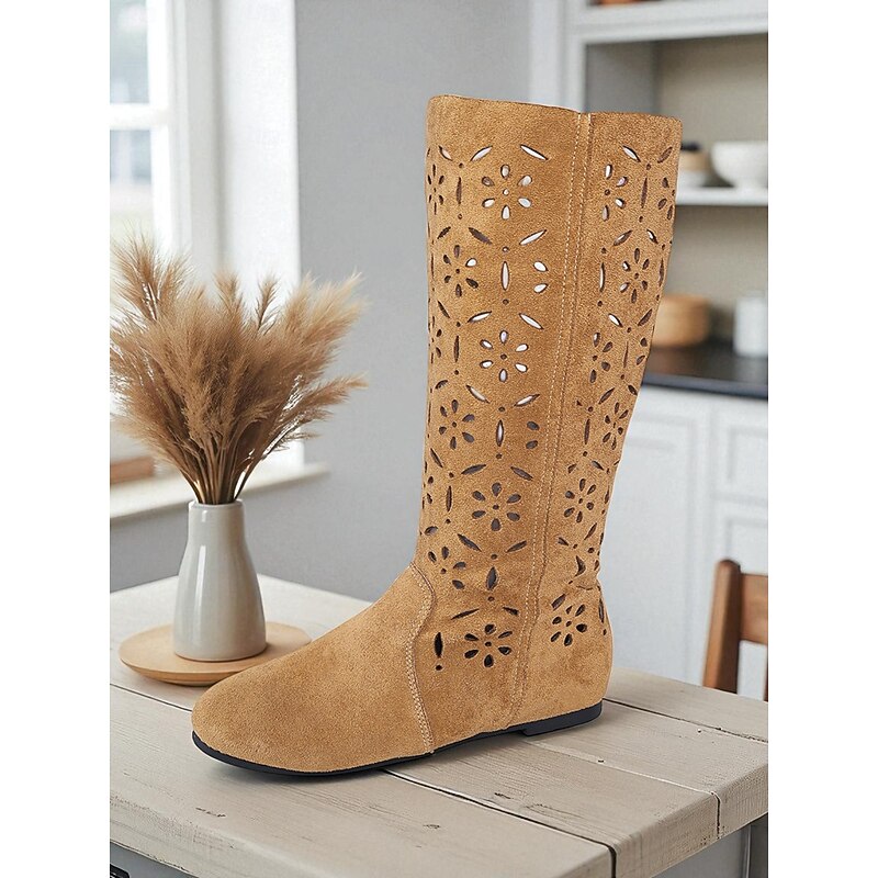 Women's Slouchy Mid-Calf Boots with Floral Cutout Design, Casual Boho Style for Autumn Street and Everyday Wear3