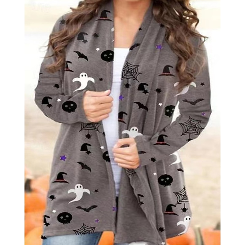 Women's Winter Coat Warm Comfortable Print Casual Halloween Skull Halloween Going out Weekend Cardigan Regular V Neck Regular Fit Long Sleeve Outerwear Orange Light Grey Dark Gray Fall Winter