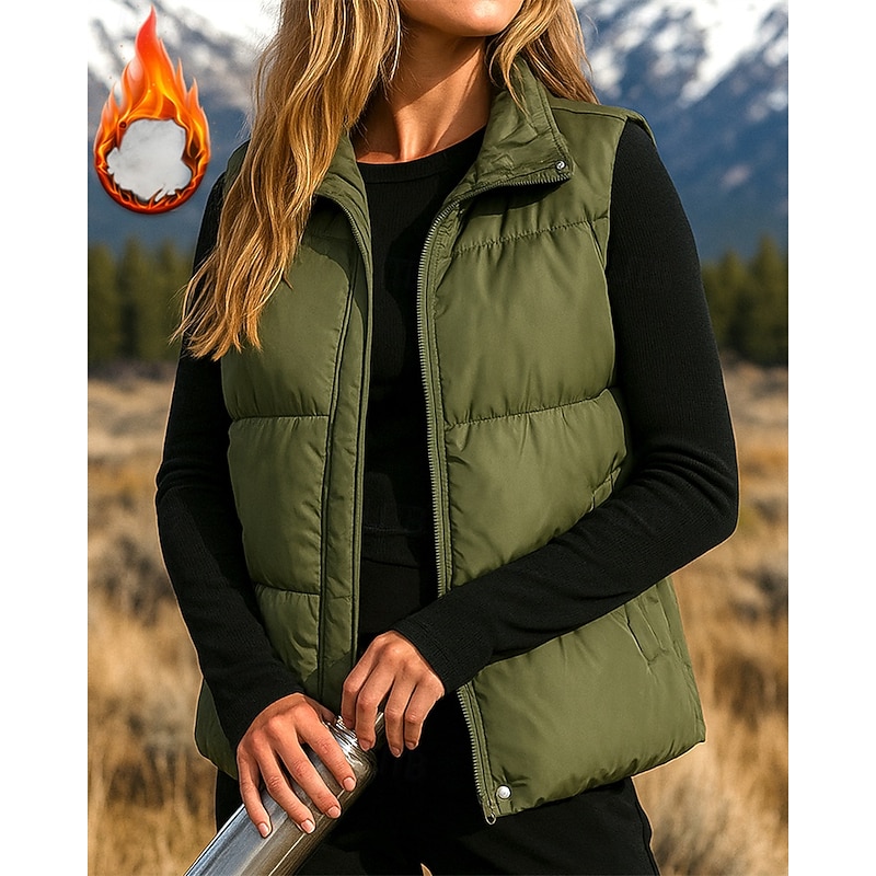 Women's Hiking Vest Puffer Vest Sleeveless Vest Outdoor Thermal Warm Winter Zipper Polyester Black White Green Hunting Fishing Climbing