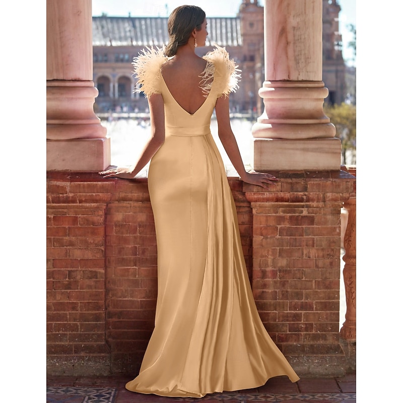 Mermaid Evening Gown Elegant Dress Formal Sweep / Brush Train Sleeveless V NeckDress Satin with Feather2