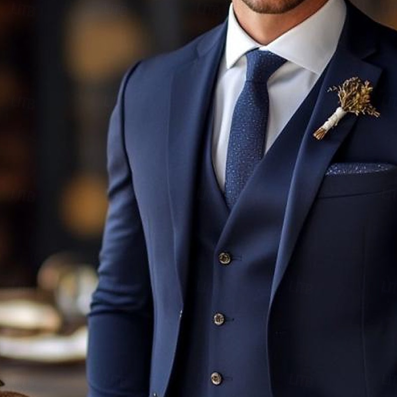 Men's Wedding Wedding Suits Notch Lapel Navy Blue Formal Solid Colored Standard Fit 3 Piece3