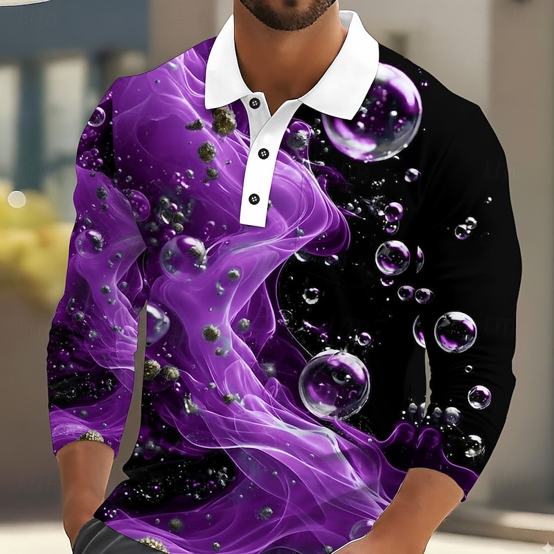Men's Abstract Marble Polo Long Sleeve Polo Shirts Lapel Casual Outdoor Street Athleisure Daily Wear 3D Print Buttons Spring Fall Winter Blue Purple Green2