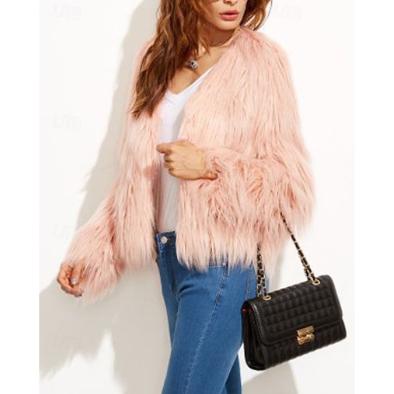 Women's Faux Fur Coat Warm Comfortable Furs & Leathers Fashion Plain Vacation Street Going out Weekend Regular Crewneck Regular Fit Long Sleeve Outerwear Black White Pink Fall Winter3