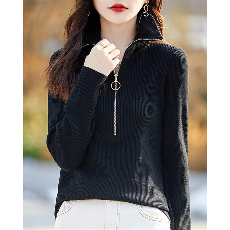 Women's Sweater Fashion Casual Pure Color Ribbed Half Zip Knitted Long Sleeve Regular Tops Knit Outdoor Daily Weekend Black Fall Winter