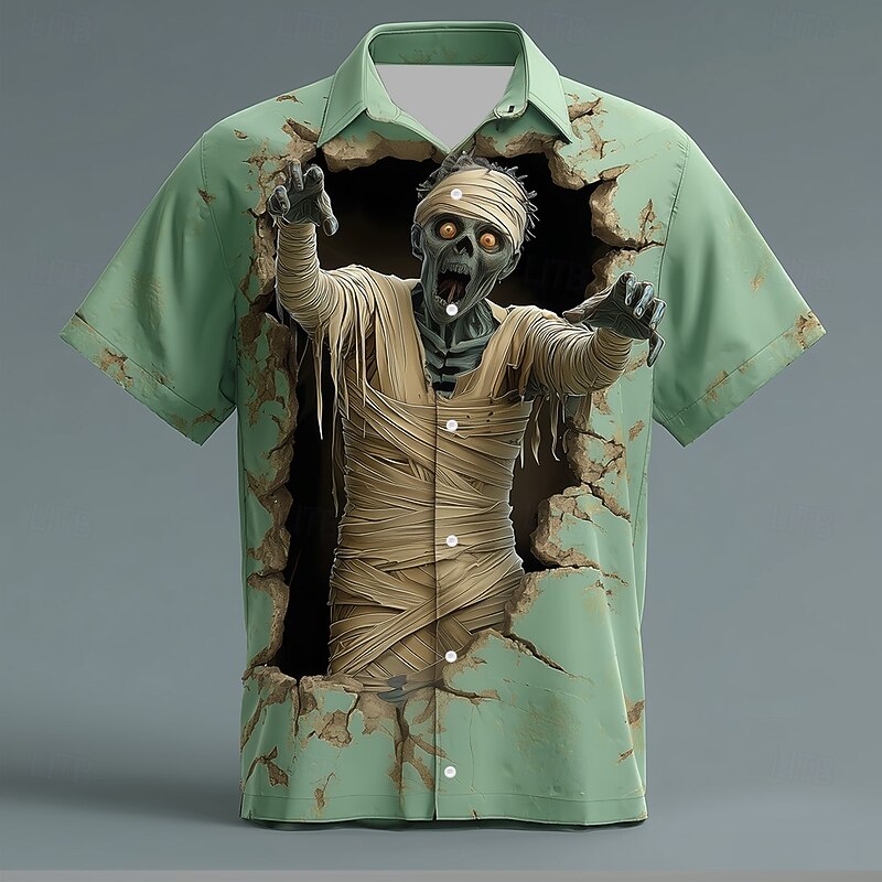 Halloween Men's Zombies Mummy Cracked Wall Shirt Button Up Shirt Short Sleeve Dark Gothic Style Holiday Streetwear Summer Spring Turndown 3D Print Collared Shirts Green