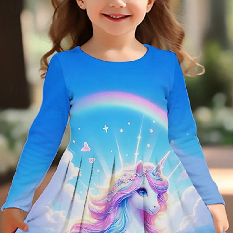 Girls' 3D Unicorn Dress Long Sleeve Summer Spring Vacation Daily Holiday Princess Beautiful Sweet Kids 4-12 Years Casual Dress A Line Dress Knee-length Regular Fit2
