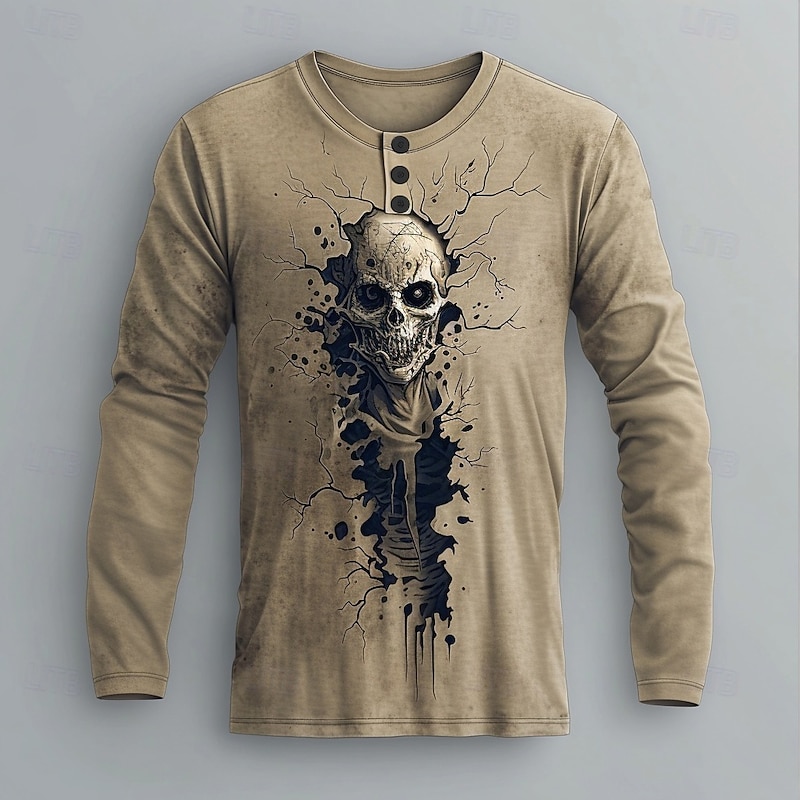 Men's Halloween Graphic Zombies Henley Shirt Long Sleeve Fashion Cute Daily Casual Holiday Going out Spring Fall Spring &  Fall Khaki Henley Henley T-Shirt