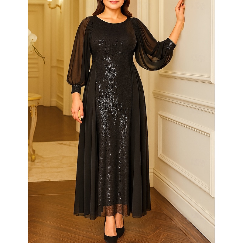 A-Line Mother of the Bride Dress Black Dress Plus Size Sparkle & Shine Crew Neck Ankle Length Chiffon Sequined Long Sleeve with Sequin