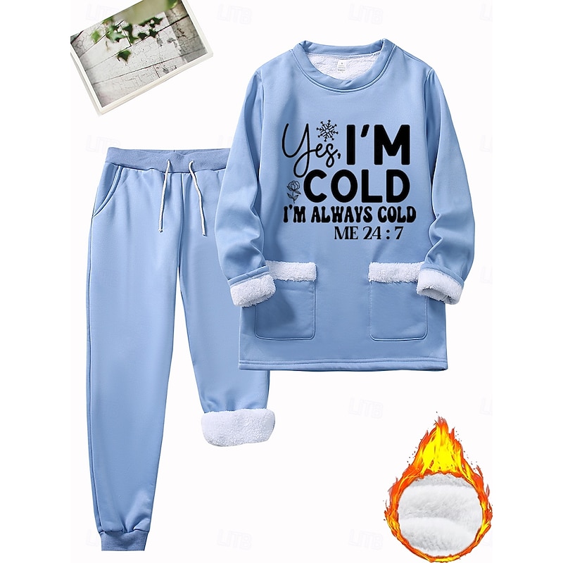 Women's Warm Daily Two Piece Sets Tracksuit Pants Sets Long Sleeve Crew Neck Graphic Letter Drawstring Print Casual Daily Black Pink Blue Fall Regular Fit2