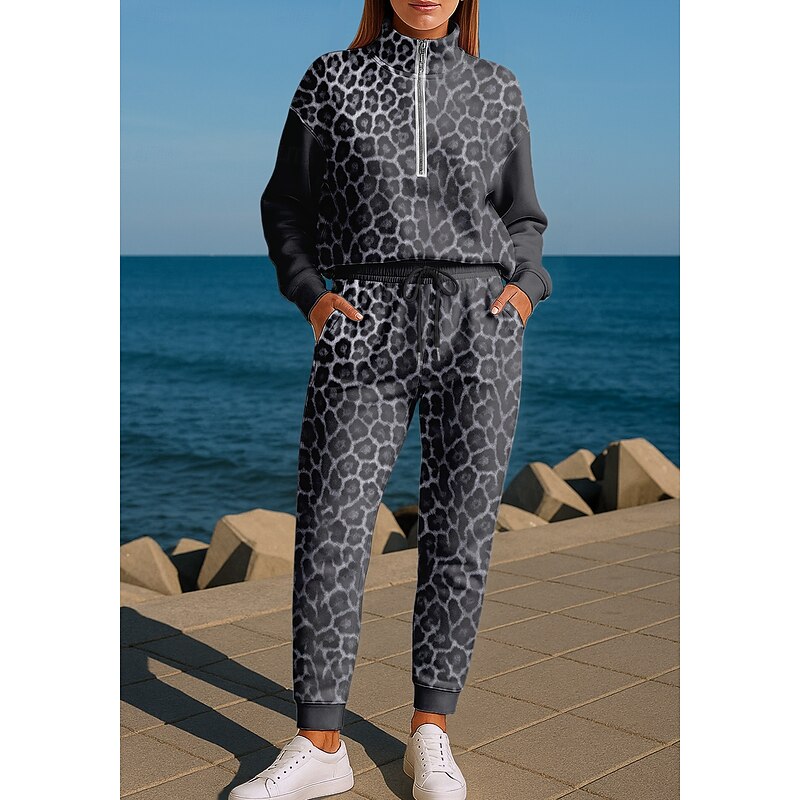 Women's Sweatshirt Tracksuit 2 Piece Tracksuit Baggy Leopard Clothing Suit Fall Dark Gray Vocation Outdoor Travel Lightweight Fashion Long Sleeve Sport Activewear Stretchy Regular Fit3