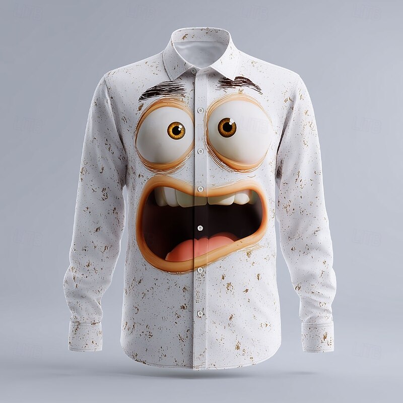 Christmas Men's 3D Cartoon Christmas Gift Awkward Face Shirt Button Up Shirt Long Sleeve Funny Outdoor Holiday Spring Fall Turndown 3D Print Collared Shirts White 1 White White 2