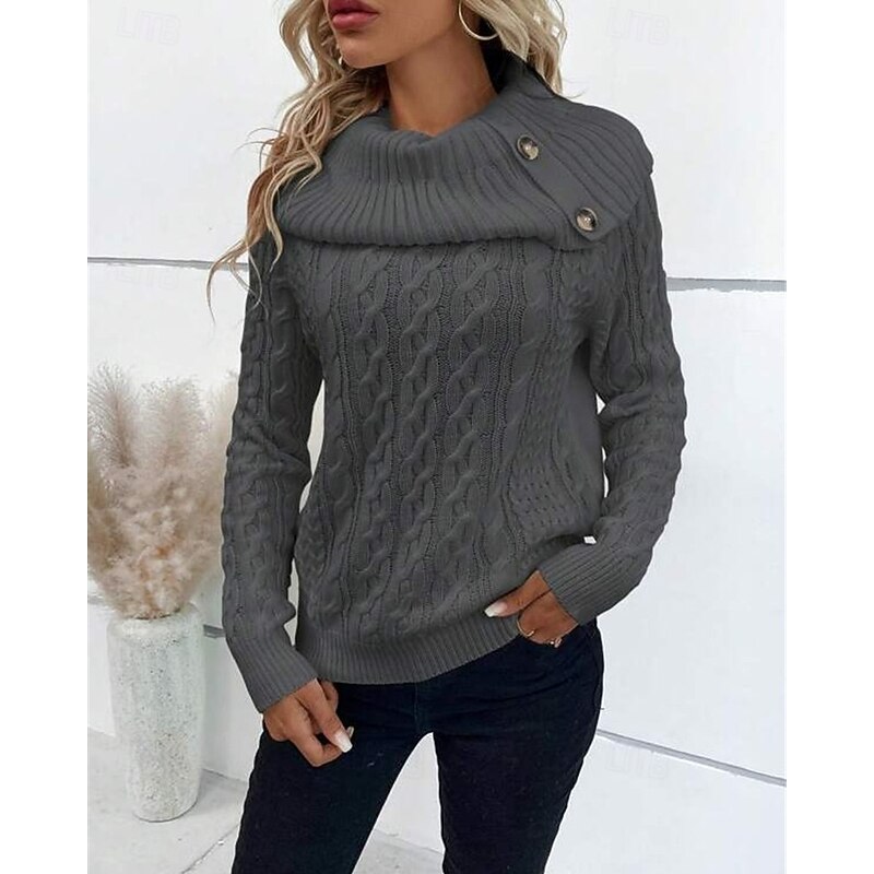 Women's Sweater Pullover Fashion Casual Pure Color Ribbed Turtleneck Buttons Knitted Long Sleeve Regular Tops Knit Outdoor Daily Weekend Khaki Dark Gray Fall Winter4