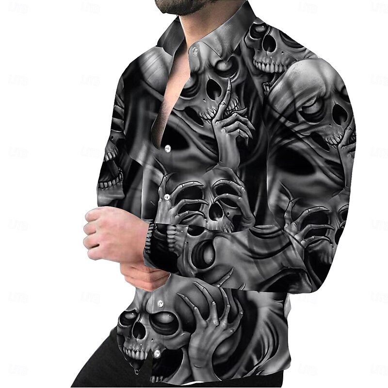 Halloween Men's Skulls Shirt Summer Shirt Beach Shirt Long Sleeve Hawaiian Casual Horror Vacation Street Hawaiian Spring &  Fall Lapel Print Black 1 Black Red Gray Black 24