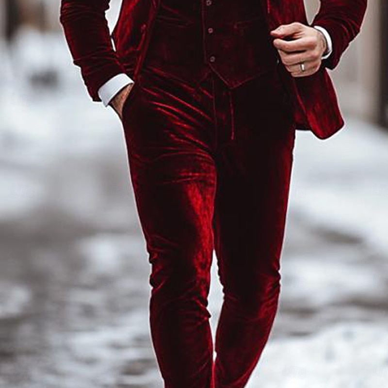 Men's Christmas Casual Party Suits Notch Lapel Burgundy Christmas Fashion Solid Colored Tailored Fit 3 Piece Single Breasted One-button2