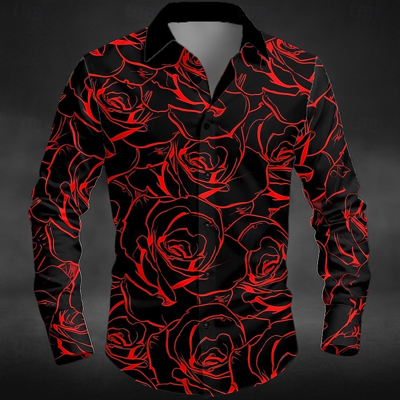 Men's Floral Print Day of the Dead Rose Shirt Button Up Shirt Long Sleeve Dark Gothic Style Outdoor Holiday Spring Fall Turndown 3D Print Collared Shirts Black Green Black / Purple Black-Red