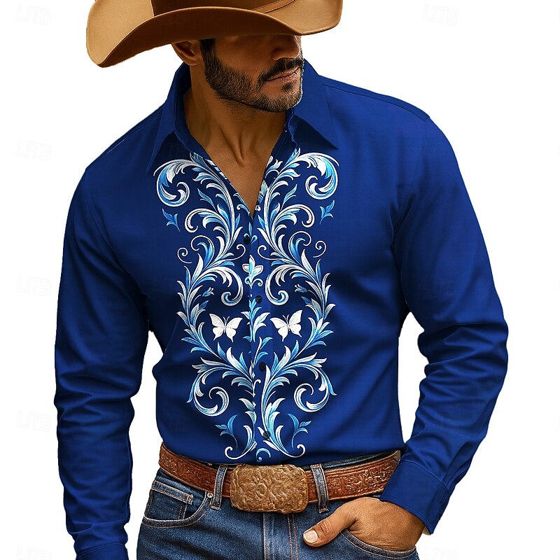 Men's Floral Print Flowers Shirt Button Up Shirt Cowboy Shirt Long Sleeve Western Style Outdoor Casual WorkWear Spring Fall Turndown 3D Print Collared Shirts Blue Beige