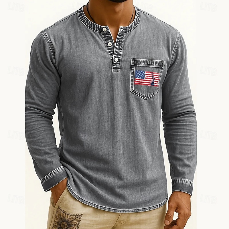 Men's Henley Shirt Tee Tee Top Long Sleeve Shirt Long Sleeve Henley Fall Winter Flag Retro Fashion Designer Fashion Vintage Vacation Street Going out Dark Brown Navy Black Top Tee for Men4