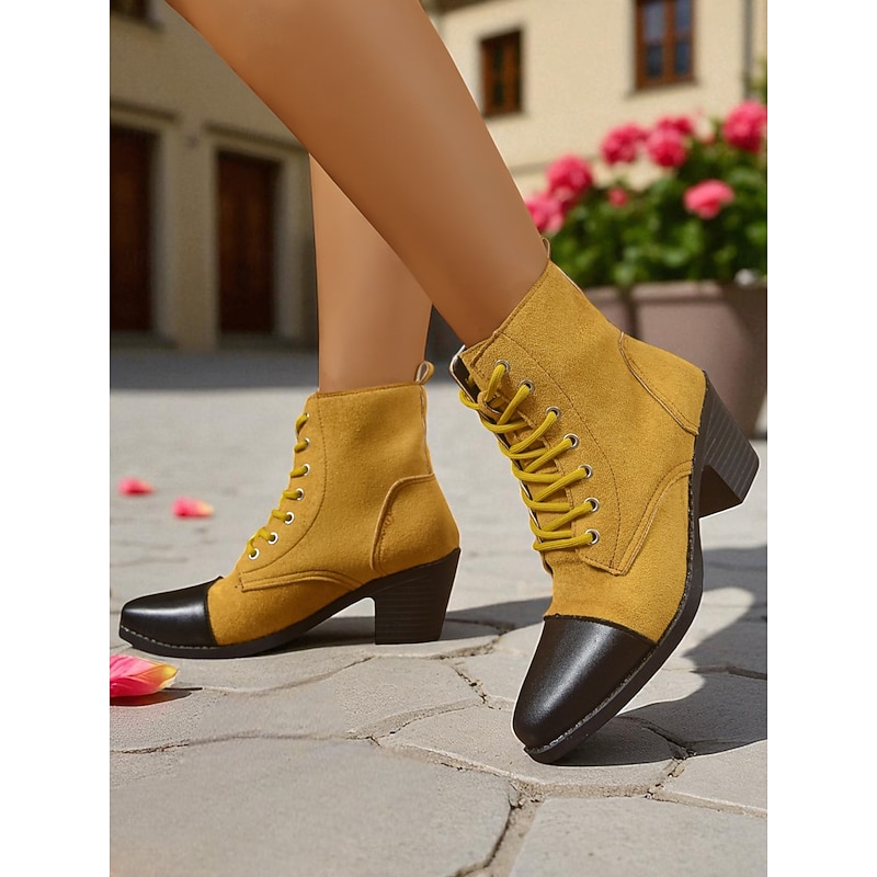 Women's Yellow Lace-Up Ankle Boots with Black Toe Cap – Vintage Retro Style Short Boots for Casual Outfits, Streetwear and Fall Fashion2
