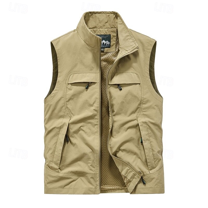 Men's Outdoor Vest Vest Fishing Vest Outdoor Daily Fashion Casual Spring Fall Pocket Nylon Comfortable Plain Zipper Standing Collar Regular Fit Black Khaki Army Green Dark Blue Vest