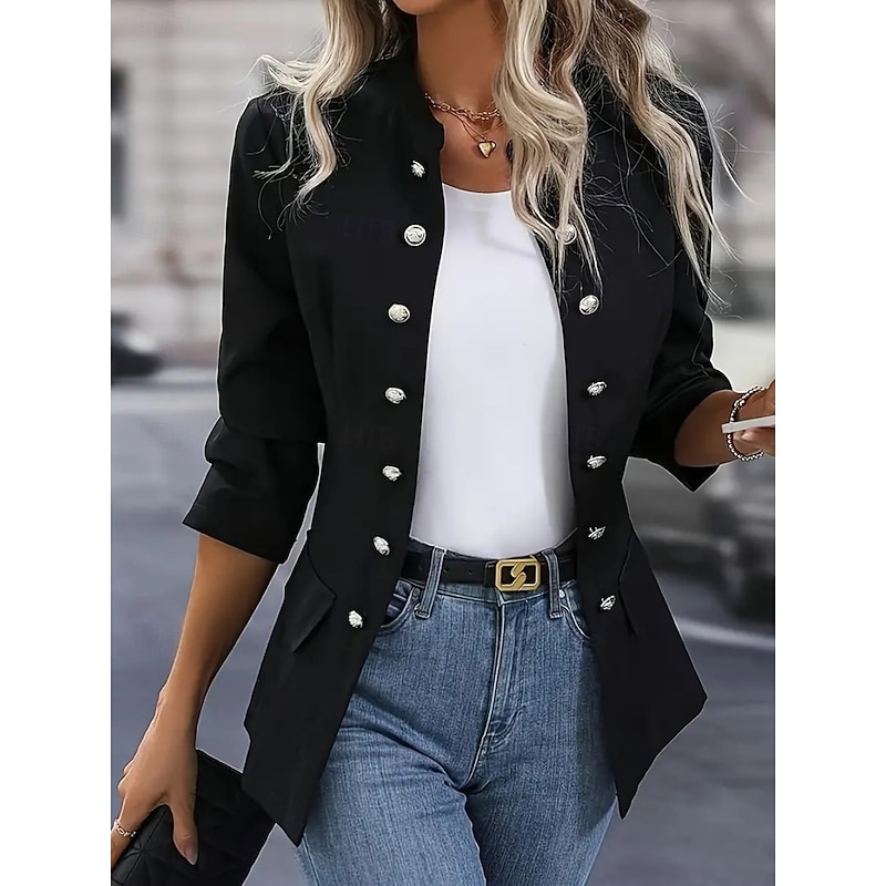 Women's Blazer Comfortable Breathable Pocket Buttons Casual Plain Office Street Casual Daily Wear Single Breasted Regular Stand Collar Regular Fit Long Sleeve Outerwear Black White Wine Spring Fall