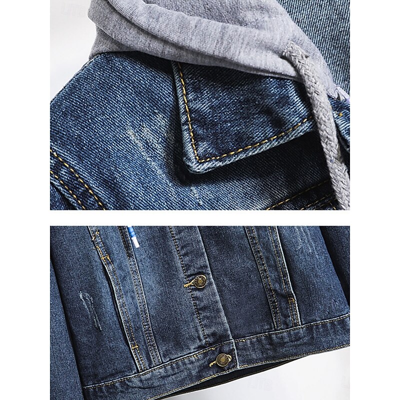 Women's Casual Jacket Denim Jacket Comfortable Breathable Pocket Buttons Casual Plain Vacation Street Casual Daily Wear Single Breasted Short Hooded Slim Long Sleeve Outerwear Navy Blue Blue Spring4