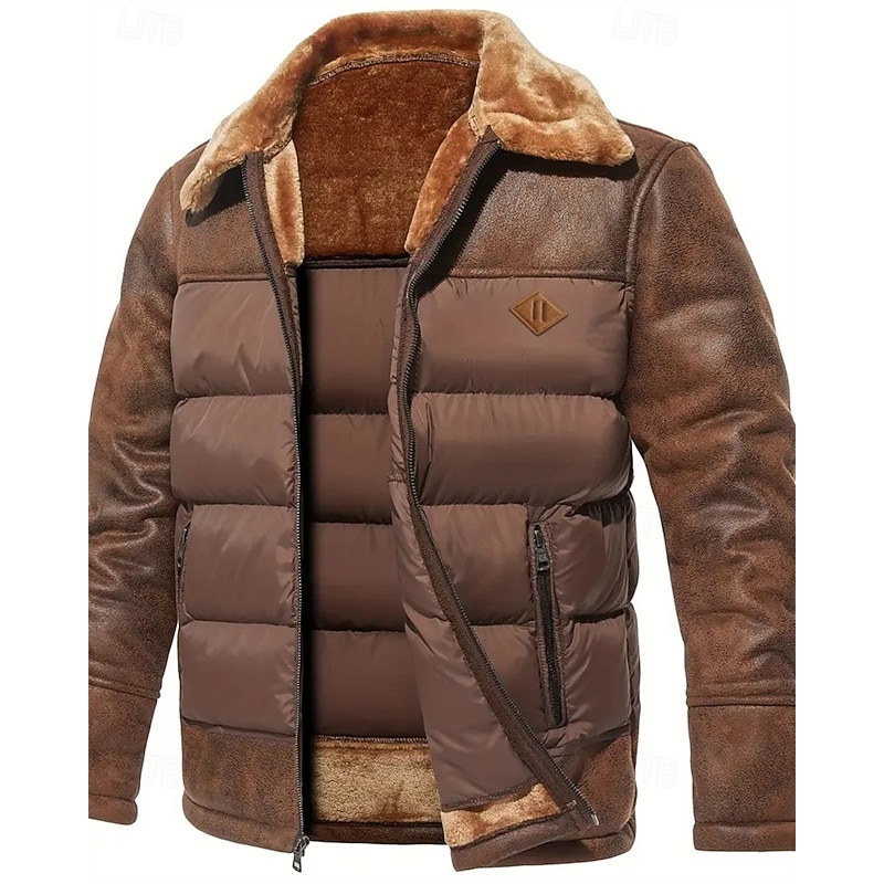 Men's Puffer Jacket Sherpa Jacket Pocket Polyster Vacation Daily Wear Date Regular Fashion Casual Comfortable Thermal Warm Fall Winter Solid / Plain Color Dark Brown Black Puffer Jacket2