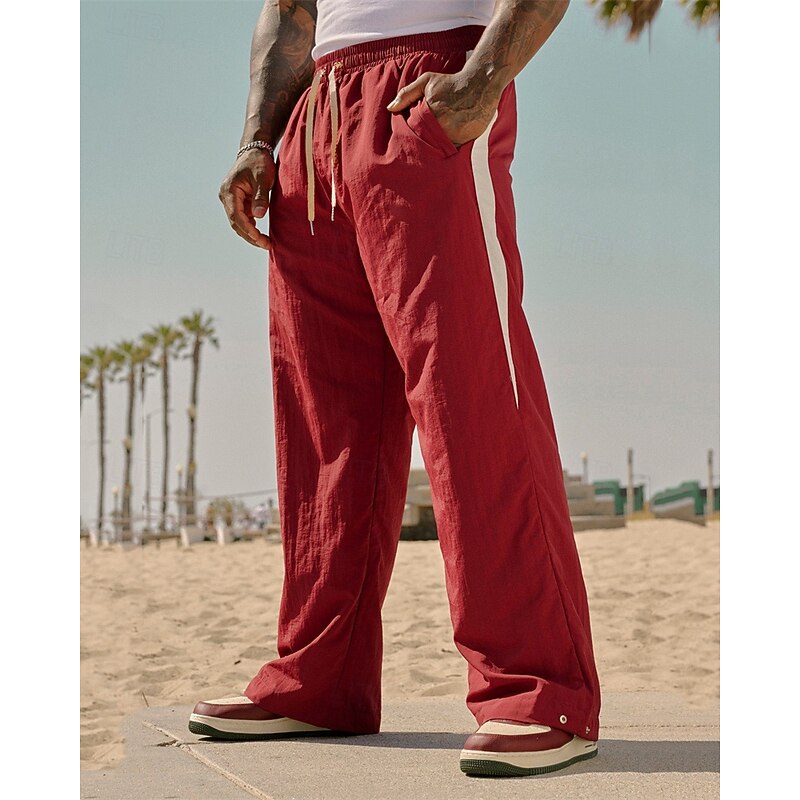 Men's Cotton Linen Pants Trousers Summer Pants Beach Pants Drawstring Pocket Elastic Waist Color Block Comfort Breathable Vacation Daily Holiday Hawaiian Boho Black White