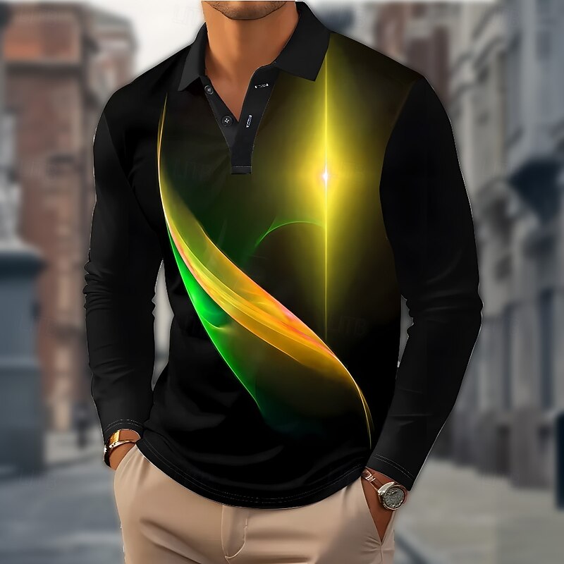 Men's Geometric Abstract Polo Long Sleeve Polo Shirts Lapel Casual Outdoor Street Athleisure Daily Wear 3D Print Buttons Spring Fall Winter Lake blue Yellow Blue2
