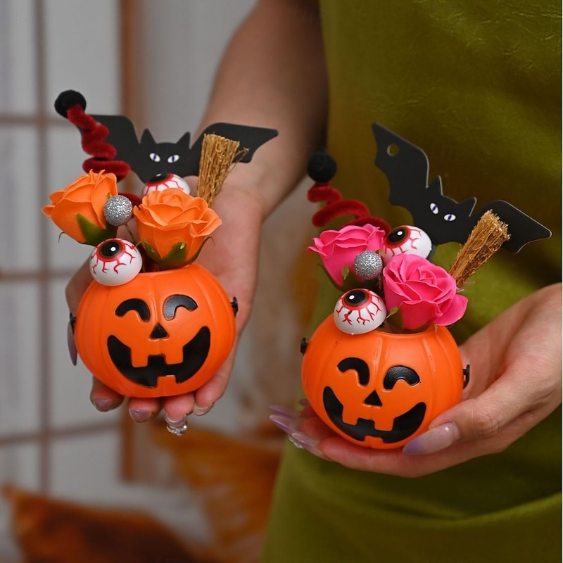 1 Pc 12 * 9CM 2025 New Halloween and Easter Pumpkin Eye Bat with Lantern Ghost Festival Decoration Simulation Flower Pumpkin Lantern3