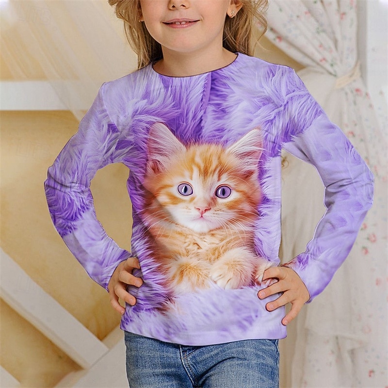 Girls' 3D Cat T shirt Tee Long Sleeve Spring Fall Fashion Basic Kids 4-12 Years Crew Neck Outdoor Casual Daily Regular Fit3