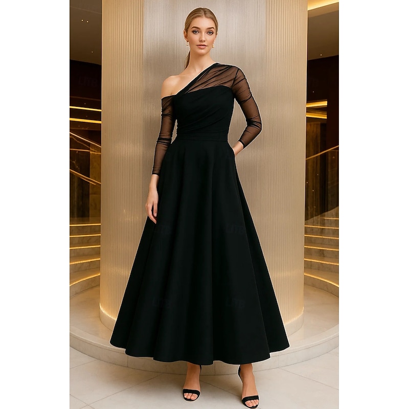 A-Line Evening Gown Elegant Formal Dress Formal Wedding Floor Length Long Sleeve One Shoulder Pocket Satin with Ruched 2025