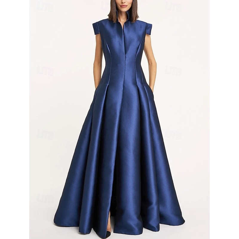 Black Red A-Line Evening Gown Elegant Formal Dress Formal Wedding Floor Length Short Sleeve Queen Anne Pocket Satin with Pocket 2025