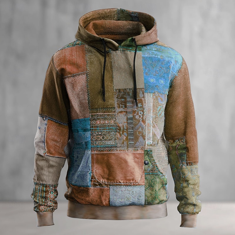 Men's Geometric Plaid Hoodie Sweatshirt Fashion Daily Crew Neck Home Party Streetwear Light Green Blue Drawstring Fall Winter Designer4