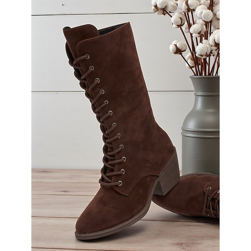 Women's Dark Brown Faux Suede Mid Calf Boots with Block Heel – Vintage Style Boots for Autumn & Winter and Daily Wear3