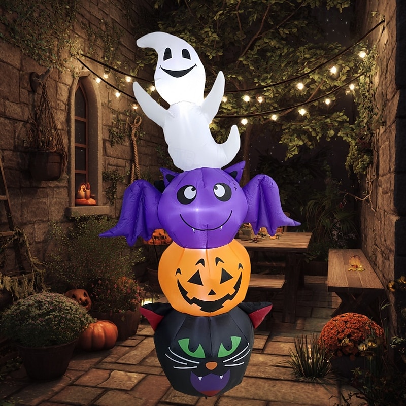 1 Pc 1.8M/6FT Halloween LED with Pumpkin Black Cat Bat Ghost Inflatable Air Model Indoor and Outdoor Party Courtyard Lawn Halloween Festival Atmosphere Decorative Light EU/US/UK/AU Plug