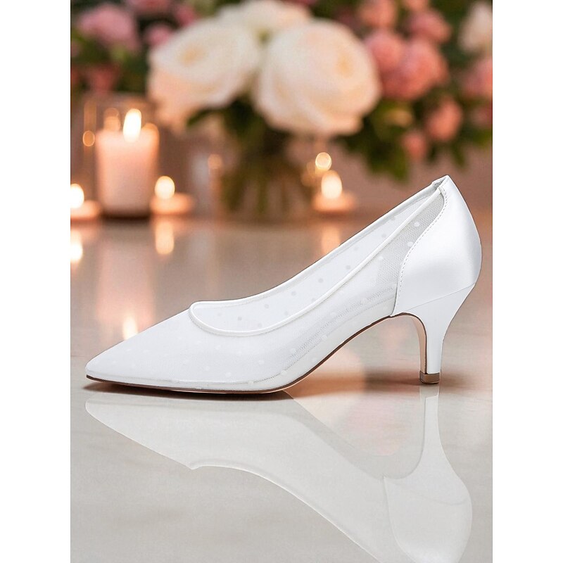 Women's White Wedding Shoes with Polka Dot Mesh and Low Heels - Elegant Bridal Pumps for Bride, Ceremony and Formal Occasions3