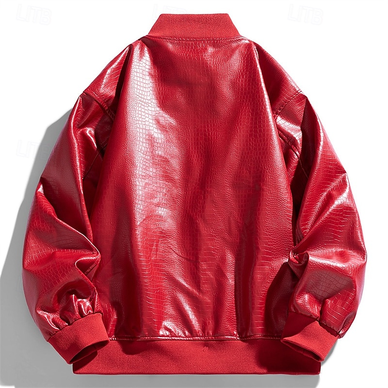 Men's Faux Leather Jacket Biker Jacket Motorcycle Jacket Vacation Daily Windproof Pocket Spring Fall Plain Fashion Classic Stand Collar Regular Black Red Jacket2