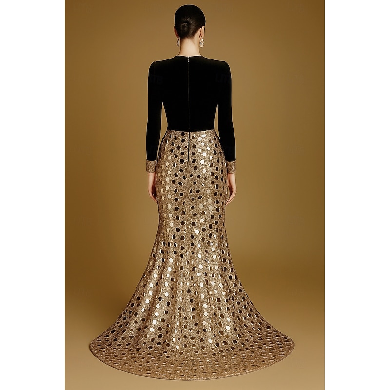 Black Gold Mermaid / Trumpet Evening Gown Elegant Formal Dress Formal Wedding Floor Length Long Sleeve V Neck Sequined with Glitter Pleats Sequin 20253