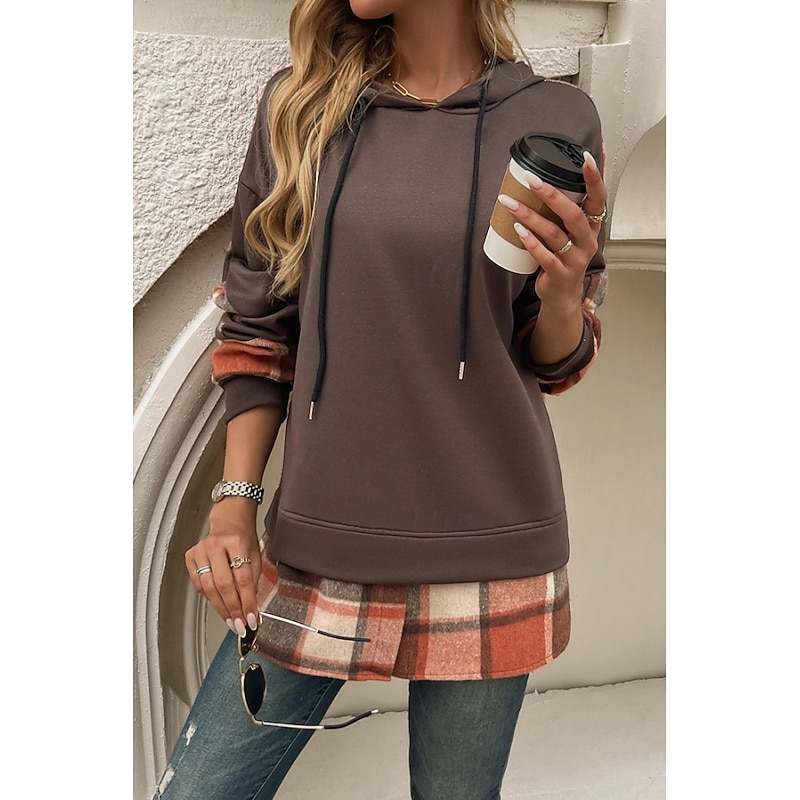 Women's Blouse Plaid Stylish Casual Beach Long Sleeve Hooded Regular Tops Daily Patchwork Black Brown Green Khaki Spring Fall Winter