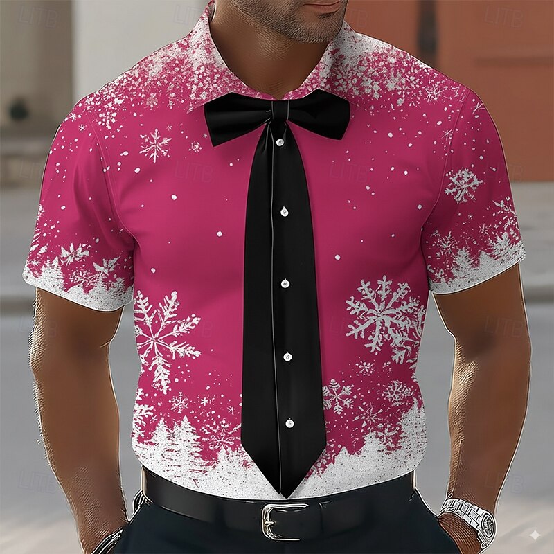 Christmas Men's Snowflake Bow tie Christmas Costume Shirt Button Up Shirt Short Sleeve Fashion Casual Outdoor Holiday Summer Spring Turndown 3D Print Collared Shirts Pink Red Orange2